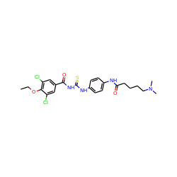 CCOc1c(Cl)cc(C(=O)NC(=S)Nc2ccc(NC(=O)CCCCN(C)C)cc2)cc1Cl ZINC000116897628