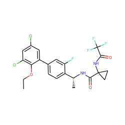 CCOc1c(Cl)cc(Cl)cc1-c1ccc([C@@H](C)NC(=O)C2(NC(=O)C(F)(F)F)CC2)c(F)c1 ZINC000029129282