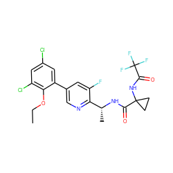 CCOc1c(Cl)cc(Cl)cc1-c1cnc([C@@H](C)NC(=O)C2(NC(=O)C(F)(F)F)CC2)c(F)c1 ZINC000029128555