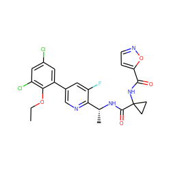 CCOc1c(Cl)cc(Cl)cc1-c1cnc([C@@H](C)NC(=O)C2(NC(=O)c3ccno3)CC2)c(F)c1 ZINC000029128556