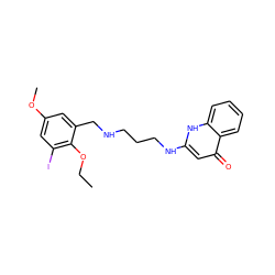 CCOc1c(I)cc(OC)cc1CNCCCNc1cc(=O)c2ccccc2[nH]1 ZINC000013487782