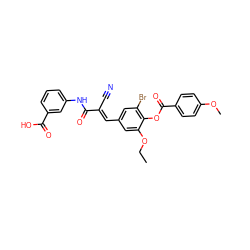 CCOc1cc(/C=C(\C#N)C(=O)Nc2cccc(C(=O)O)c2)cc(Br)c1OC(=O)c1ccc(OC)cc1 ZINC000001438755