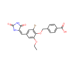 CCOc1cc(/C=C2/NC(=O)NC2=O)cc(Br)c1OCc1ccc(C(=O)O)cc1 ZINC000013544864