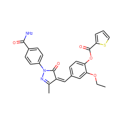 CCOc1cc(/C=C2\C(=O)N(c3ccc(C(N)=O)cc3)N=C2C)ccc1OC(=O)c1cccs1 ZINC000013483251