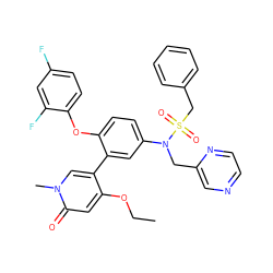 CCOc1cc(=O)n(C)cc1-c1cc(N(Cc2cnccn2)S(=O)(=O)Cc2ccccc2)ccc1Oc1ccc(F)cc1F ZINC001772599054