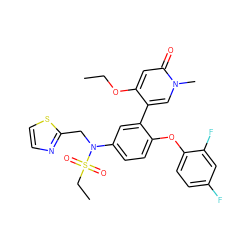 CCOc1cc(=O)n(C)cc1-c1cc(N(Cc2nccs2)S(=O)(=O)CC)ccc1Oc1ccc(F)cc1F ZINC001772648349