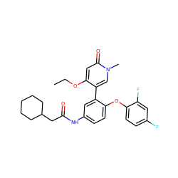 CCOc1cc(=O)n(C)cc1-c1cc(NC(=O)CC2CCCCC2)ccc1Oc1ccc(F)cc1F ZINC001772608974