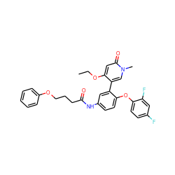 CCOc1cc(=O)n(C)cc1-c1cc(NC(=O)CCCOc2ccccc2)ccc1Oc1ccc(F)cc1F ZINC001772599681