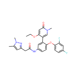 CCOc1cc(=O)n(C)cc1-c1cc(NC(=O)Cc2cc(C)n(C)n2)ccc1Oc1ccc(F)cc1F ZINC001772645605