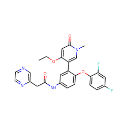 CCOc1cc(=O)n(C)cc1-c1cc(NC(=O)Cc2cnccn2)ccc1Oc1ccc(F)cc1F ZINC001772602021