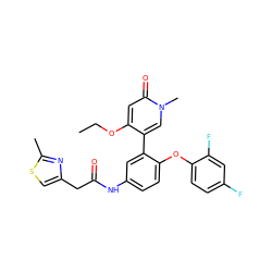 CCOc1cc(=O)n(C)cc1-c1cc(NC(=O)Cc2csc(C)n2)ccc1Oc1ccc(F)cc1F ZINC001772617877