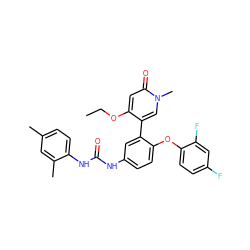 CCOc1cc(=O)n(C)cc1-c1cc(NC(=O)Nc2ccc(C)cc2C)ccc1Oc1ccc(F)cc1F ZINC001772569786