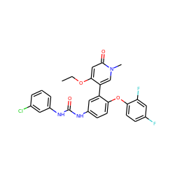 CCOc1cc(=O)n(C)cc1-c1cc(NC(=O)Nc2cccc(Cl)c2)ccc1Oc1ccc(F)cc1F ZINC001772572939