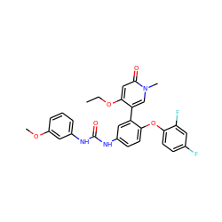 CCOc1cc(=O)n(C)cc1-c1cc(NC(=O)Nc2cccc(OC)c2)ccc1Oc1ccc(F)cc1F ZINC001772623028