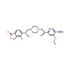 CCOc1cc([C@@H](O)CN2CCN(C[C@H](O)c3ccc4c(c3C)COC4=O)CC2)ncc1C#N ZINC000473134407