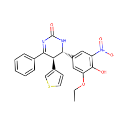 CCOc1cc([C@H]2NC(=O)N=C(c3ccccc3)[C@@H]2c2ccsc2)cc([N+](=O)[O-])c1O ZINC000169702715