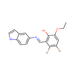 CCOc1cc(Br)c(Br)c(/C=N/c2ccc3[nH]ccc3c2)c1O ZINC000299822576