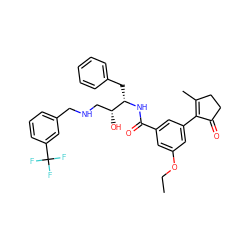 CCOc1cc(C(=O)N[C@@H](Cc2ccccc2)[C@H](O)CNCc2cccc(C(F)(F)F)c2)cc(C2=C(C)CCC2=O)c1 ZINC000029039588