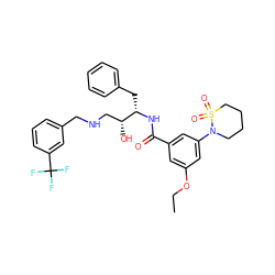 CCOc1cc(C(=O)N[C@@H](Cc2ccccc2)[C@H](O)CNCc2cccc(C(F)(F)F)c2)cc(N2CCCCS2(=O)=O)c1 ZINC000029039596