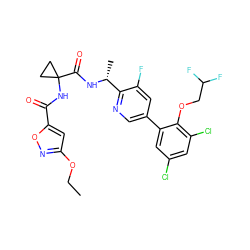 CCOc1cc(C(=O)NC2(C(=O)N[C@H](C)c3ncc(-c4cc(Cl)cc(Cl)c4OCC(F)F)cc3F)CC2)on1 ZINC000029128771