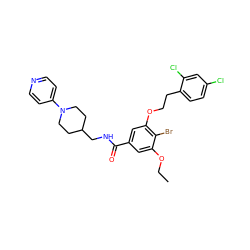 CCOc1cc(C(=O)NCC2CCN(c3ccncc3)CC2)cc(OCCc2ccc(Cl)cc2Cl)c1Br ZINC000014953531