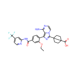 CCOc1cc(C(=O)Nc2cc(C(F)(F)F)ccn2)ccc1-c1nc(C23CCC(C(=O)O)(CC2)CC3)n2ccnc(N)c12 ZINC001772570498