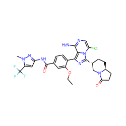 CCOc1cc(C(=O)Nc2cc(C(F)(F)F)n(C)n2)ccc1-c1nc([C@@H]2CC[C@H]3CCC(=O)N3C2)n2c(Cl)cnc(N)c12 ZINC000145354017