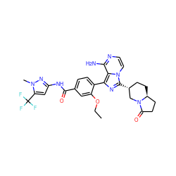 CCOc1cc(C(=O)Nc2cc(C(F)(F)F)n(C)n2)ccc1-c1nc([C@@H]2CC[C@H]3CCC(=O)N3C2)n2ccnc(N)c12 ZINC000145524418