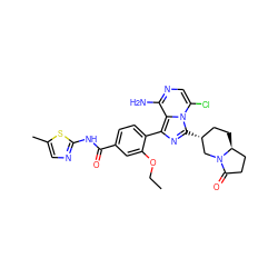 CCOc1cc(C(=O)Nc2ncc(C)s2)ccc1-c1nc([C@@H]2CC[C@H]3CCC(=O)N3C2)n2c(Cl)cnc(N)c12 ZINC000145582574