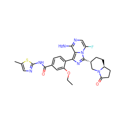 CCOc1cc(C(=O)Nc2ncc(C)s2)ccc1-c1nc([C@@H]2CC[C@H]3CCC(=O)N3C2)n2c(F)cnc(N)c12 ZINC000145553111