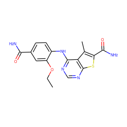 CCOc1cc(C(N)=O)ccc1Nc1ncnc2sc(C(N)=O)c(C)c12 ZINC000068199768