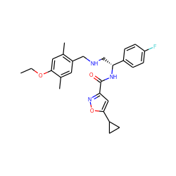 CCOc1cc(C)c(CNC[C@@H](NC(=O)c2cc(C3CC3)on2)c2ccc(F)cc2)cc1C ZINC000653846301