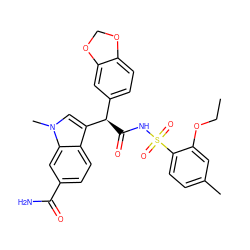 CCOc1cc(C)ccc1S(=O)(=O)NC(=O)[C@H](c1ccc2c(c1)OCO2)c1cn(C)c2cc(C(N)=O)ccc12 ZINC000001494385