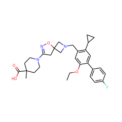 CCOc1cc(CN2CC3(CC(N4CCC(C)(C(=O)O)CC4)=NO3)C2)c(C2CC2)cc1-c1ccc(F)cc1 ZINC001772598950