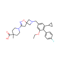 CCOc1cc(CN2CC3(CC(N4CCC(C)(C(=O)O)CC4)=NO3)C2)cc(C2CC2)c1-c1ccc(F)cc1 ZINC001772612216