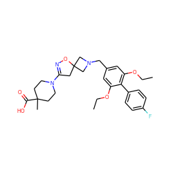 CCOc1cc(CN2CC3(CC(N4CCC(C)(C(=O)O)CC4)=NO3)C2)cc(OCC)c1-c1ccc(F)cc1 ZINC000220819708