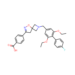 CCOc1cc(CN2CC3(CC(c4ccc(C(=O)O)cc4)=NO3)C2)cc(OCC)c1-c1ccc(F)cc1 ZINC001772582003