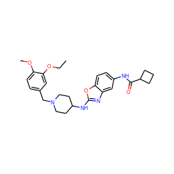 CCOc1cc(CN2CCC(Nc3nc4cc(NC(=O)C5CCC5)ccc4o3)CC2)ccc1OC ZINC000049016965