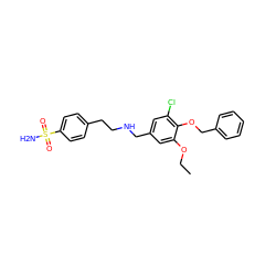 CCOc1cc(CNCCc2ccc(S(N)(=O)=O)cc2)cc(Cl)c1OCc1ccccc1 ZINC000019922721