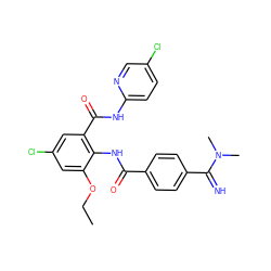 CCOc1cc(Cl)cc(C(=O)Nc2ccc(Cl)cn2)c1NC(=O)c1ccc(C(=N)N(C)C)cc1 ZINC000040900827