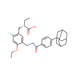 CCOc1cc(F)c(C[C@H](CC)C(=O)O)cc1CNC(=O)c1ccc(C23CC4CC(CC(C4)C2)C3)cc1 ZINC000040847354