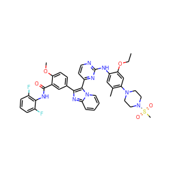 CCOc1cc(N2CCN(S(C)(=O)=O)CC2)c(C)cc1Nc1nccc(-c2c(-c3ccc(OC)c(C(=O)Nc4c(F)cccc4F)c3)nc3ccccn23)n1 ZINC000200854804