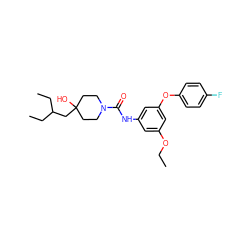 CCOc1cc(NC(=O)N2CCC(O)(CC(CC)CC)CC2)cc(Oc2ccc(F)cc2)c1 ZINC000299862896