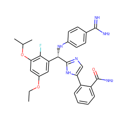 CCOc1cc(OC(C)C)c(F)c([C@H](Nc2ccc(C(=N)N)cc2)c2ncc(-c3ccccc3C(N)=O)[nH]2)c1 ZINC000200943477