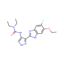 CCOc1cc2[nH]c(-c3n[nH]cc3NC(=O)N(CC)CC)nc2cc1F ZINC000084587050