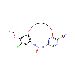 CCOc1cc2c(cc1Cl)NC(=O)Nc1cnc(C#N)c(n1)OCCCCCO2 ZINC000014958220