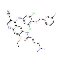 CCOc1cc2ncc(C#N)c(Nc3cc(Cl)c(OCc4cccc(F)c4)c(Cl)c3)c2cc1NC(=O)/C=C/CN(C)C ZINC000028125478