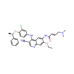 CCOc1cc2ncc(C#N)c(Nc3ccc(O[C@H](C)c4ccccc4)c(Cl)c3)c2cc1NC(=O)/C=C/CN(C)C ZINC000028119811