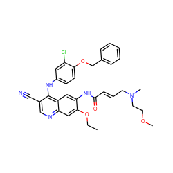 CCOc1cc2ncc(C#N)c(Nc3ccc(OCc4ccccc4)c(Cl)c3)c2cc1NC(=O)/C=C/CN(C)CCOC ZINC000028126862