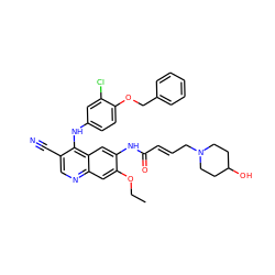 CCOc1cc2ncc(C#N)c(Nc3ccc(OCc4ccccc4)c(Cl)c3)c2cc1NC(=O)/C=C/CN1CCC(O)CC1 ZINC000028122153